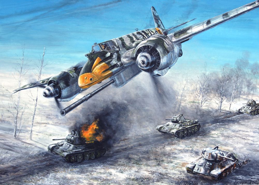 ORIGINAL WW2 MILITARY AVIATION ART PAINTING HS-129 VS RUSSIAN T-34