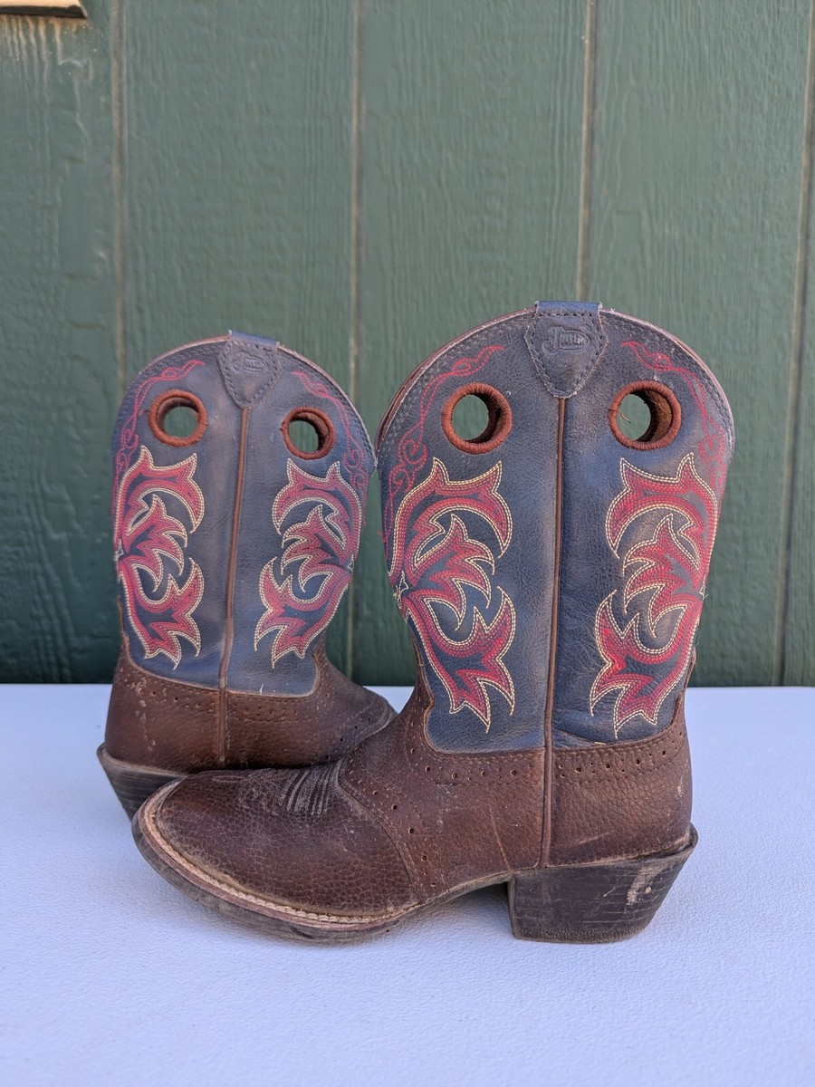 20s〜 インディゴキルト　スモール Justin Brown Blue Leather Square Toe Cowboy Boots Youth Size