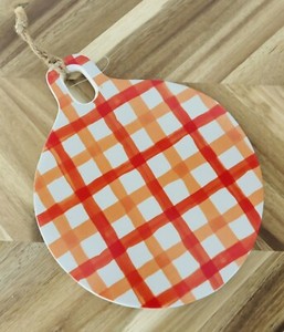 Ceramic Glazed Painted Trivet Kitchen Decor 10"x8" Orange Plaid Ceramic