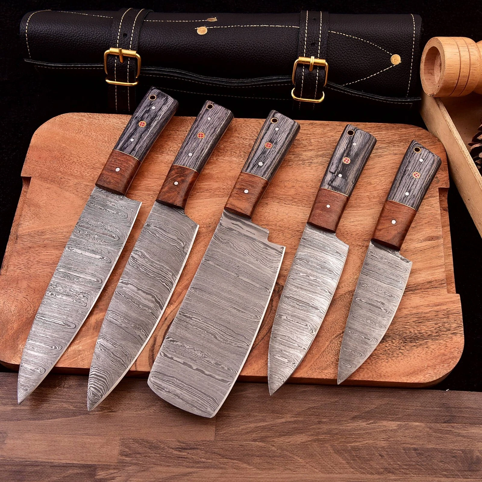 CUSTOM HANDMADE DAMASCUS STEEL KITCHEN CHEF KNIFE SET WOOD HANDLE WITH ROLL BAG