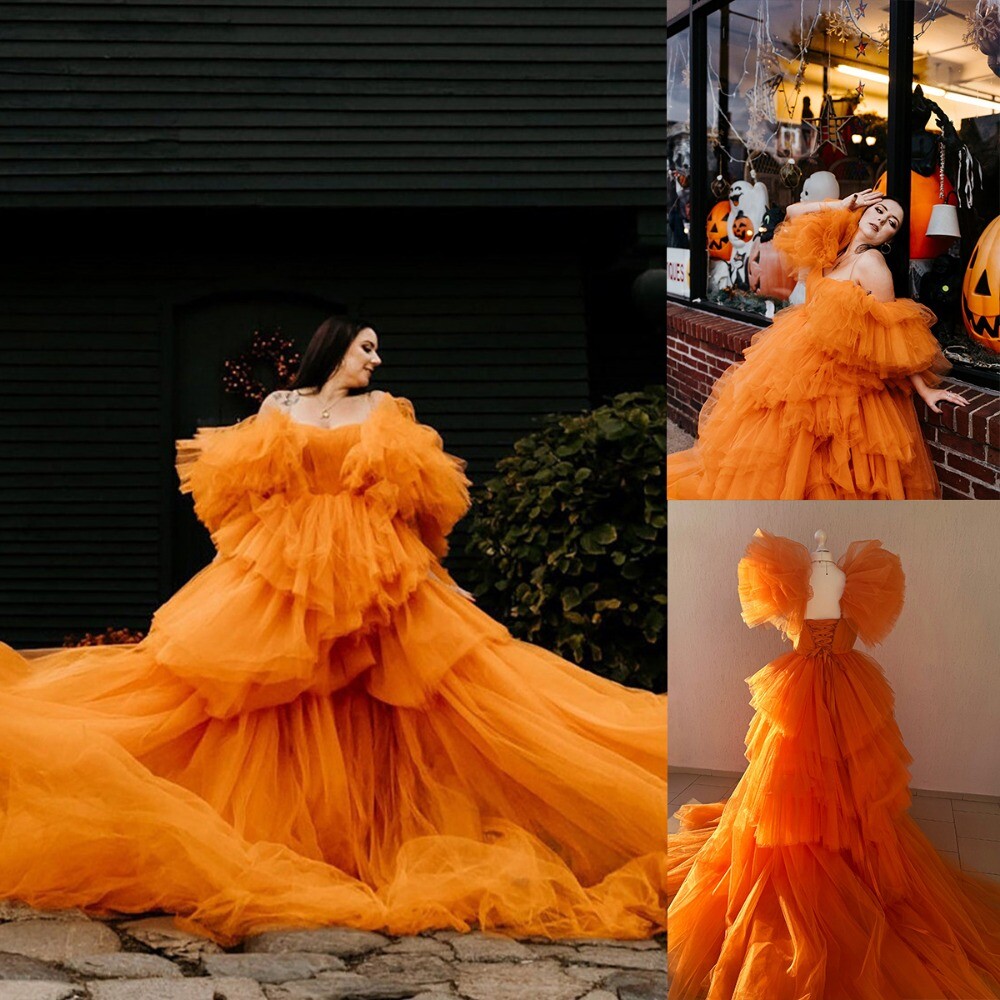 Orange Ruffles Prom Dresses Maternity Photoshoot Dress Luxury Layer Fluffy Gowns Orange Ruffles Prom Dresses Maternity Photoshoot Dress Luxury Layer Fluffy Gowns
