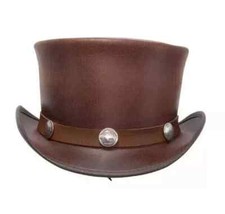 Premium Genuine Halloween Shapeable Leather Brown Top Hat - Stylish Men