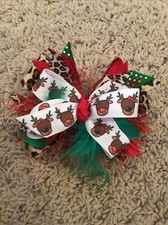 Girls Christmas Hair Bow Boutique Reindeer, Leopard, Red  Green