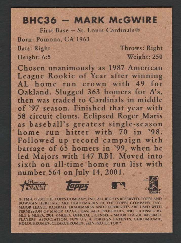 Mark McGwire 2001 Bowman Heritage Chrome #BHC36 St. Louis Cardinals - Image 2 of 2