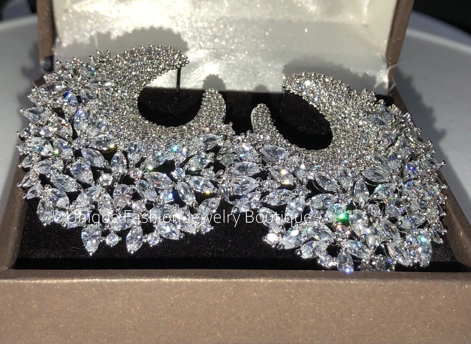 Pendientes de aro de diamantes simulados marquesa rellenos de oro blanco de 18k joyería nupcial Foto 3 de 4