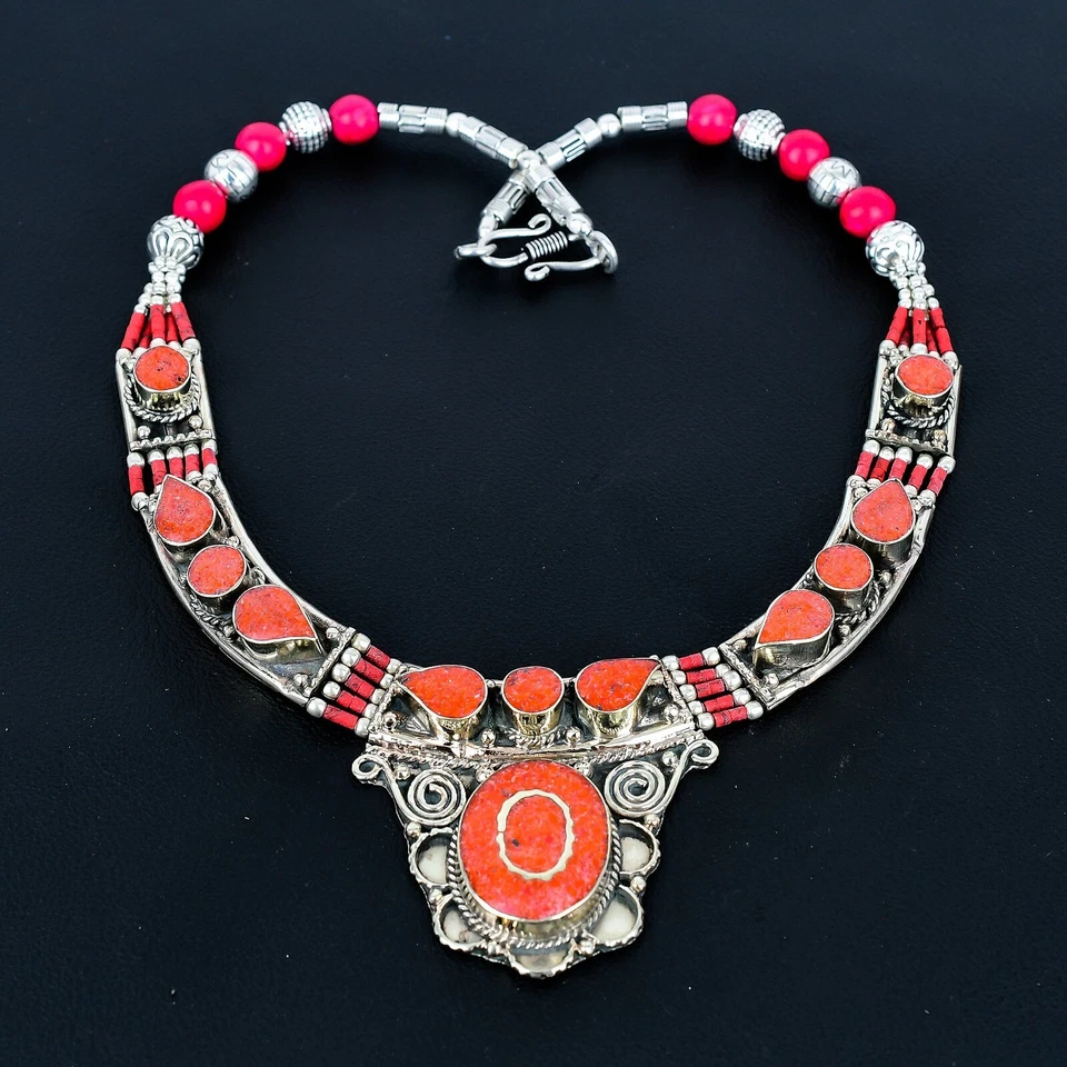 Corallo Rosso 925 Argento Sterling Tibetano Collana Gioielli Per Mamma Regali - Immagine 2 di 4