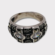Silver Marcasite CZ Thick Band Ring Sterling 925 SZ 7.5