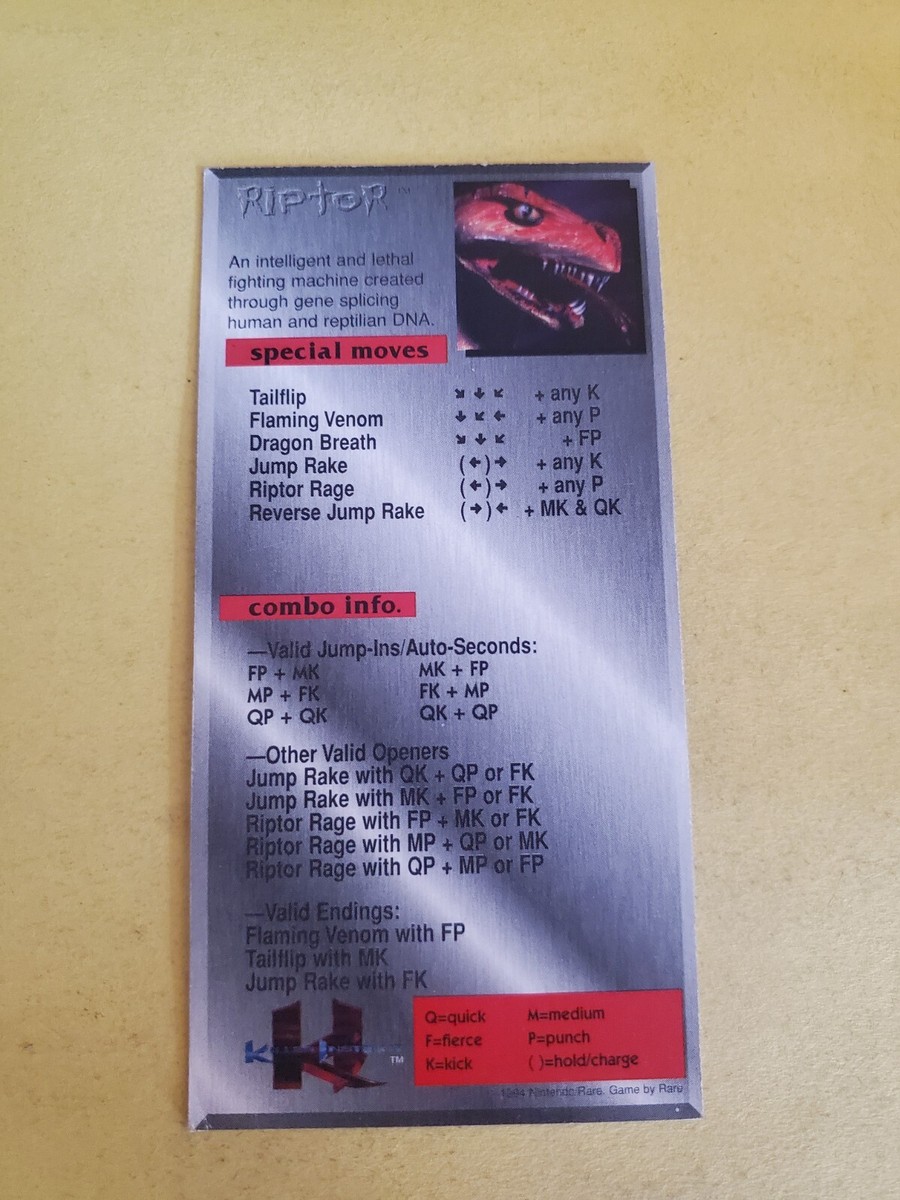 Original Killer Instinct Raptor Trading Card SNES Super Nintendo