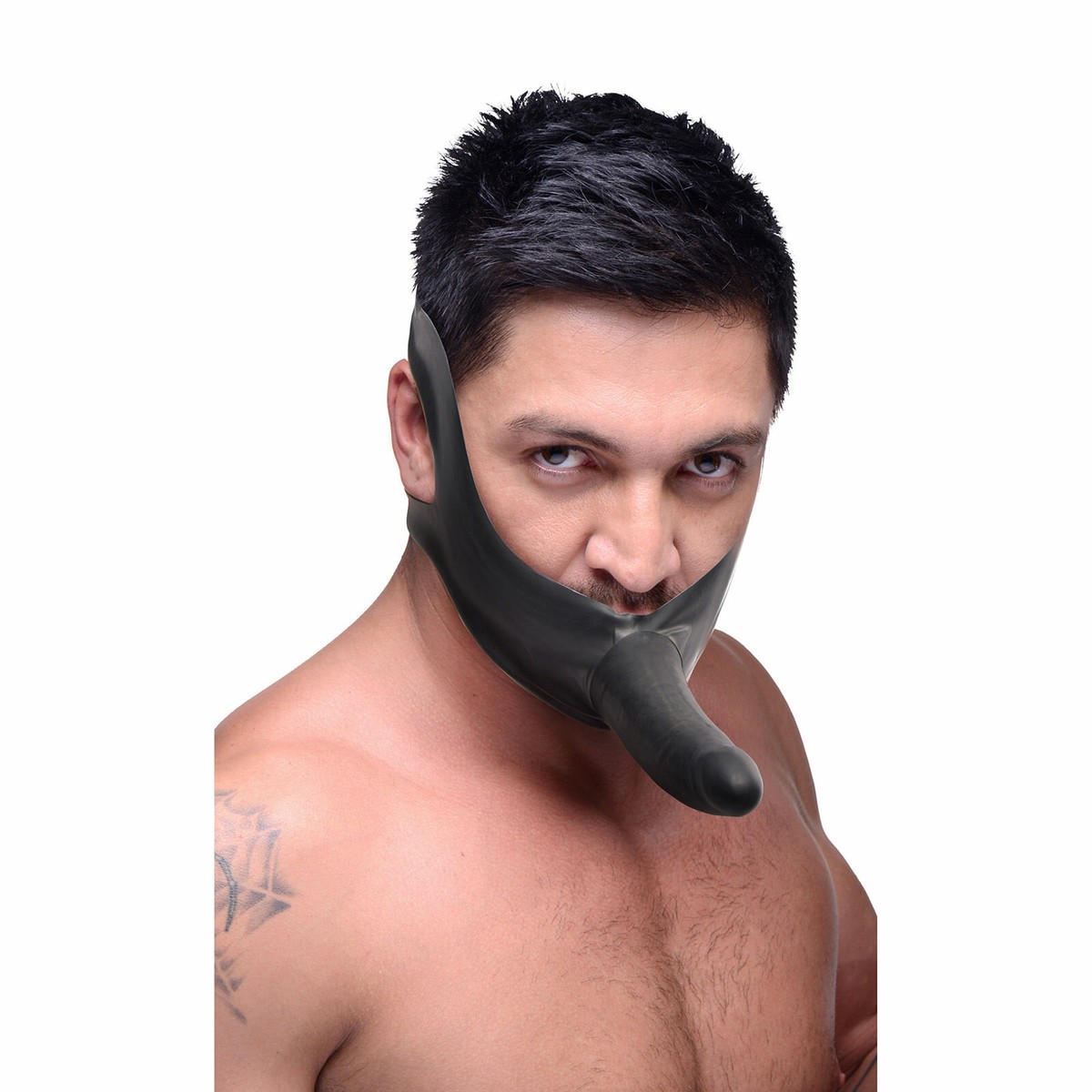 A black strap-on mouth gag with an integrated dildo for extreme play