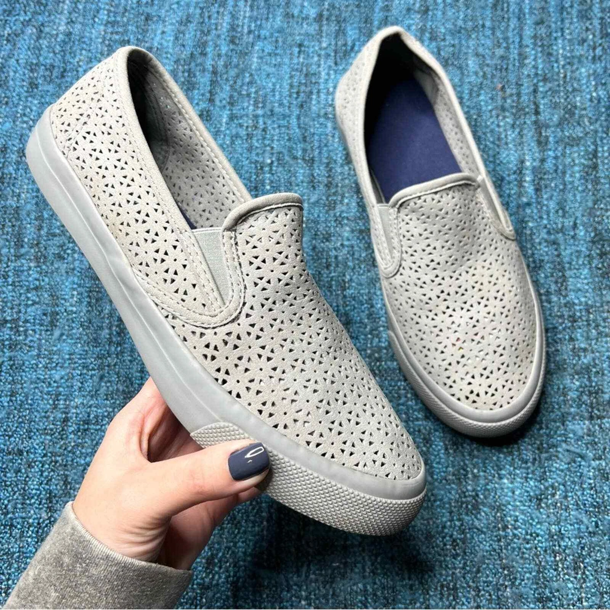Sperry Seaside Nautical Perforated Slip On Suede Sneakers in Gray Size 9 Women s