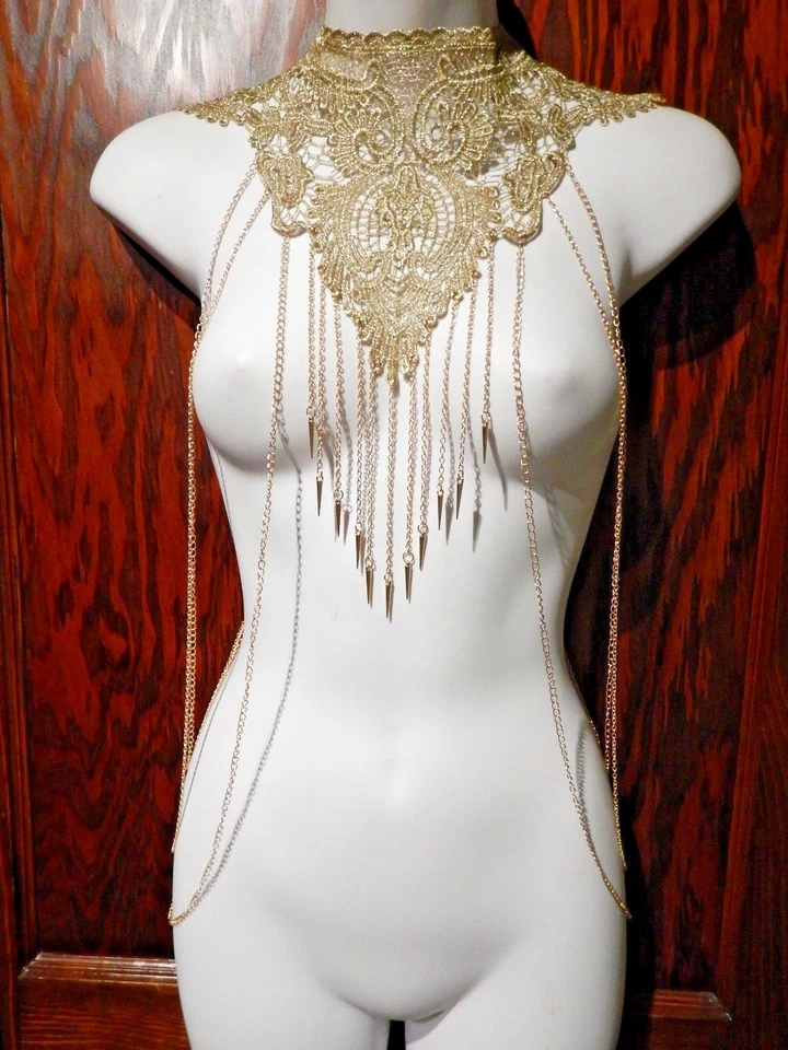 GOLD CHAIN & SPIKES LACE BODY JEWELRY necklace harness yoke choker goddess Z8 - Image 2 of 4