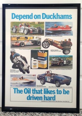 Gerahmte Original Oldtimer Werbung für Duckhams und Wettkampferfolg von 1971
