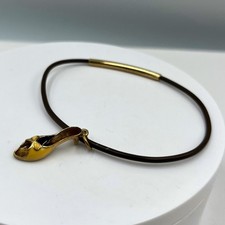 Vintage Gold Tone Enamel High Heel Ballet Slipper Charm Bracelet Brown Cord Band