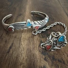 VTG Sterling Silver Turquoise Coral Hand Chain Bracelet Ring Slave Southwestern