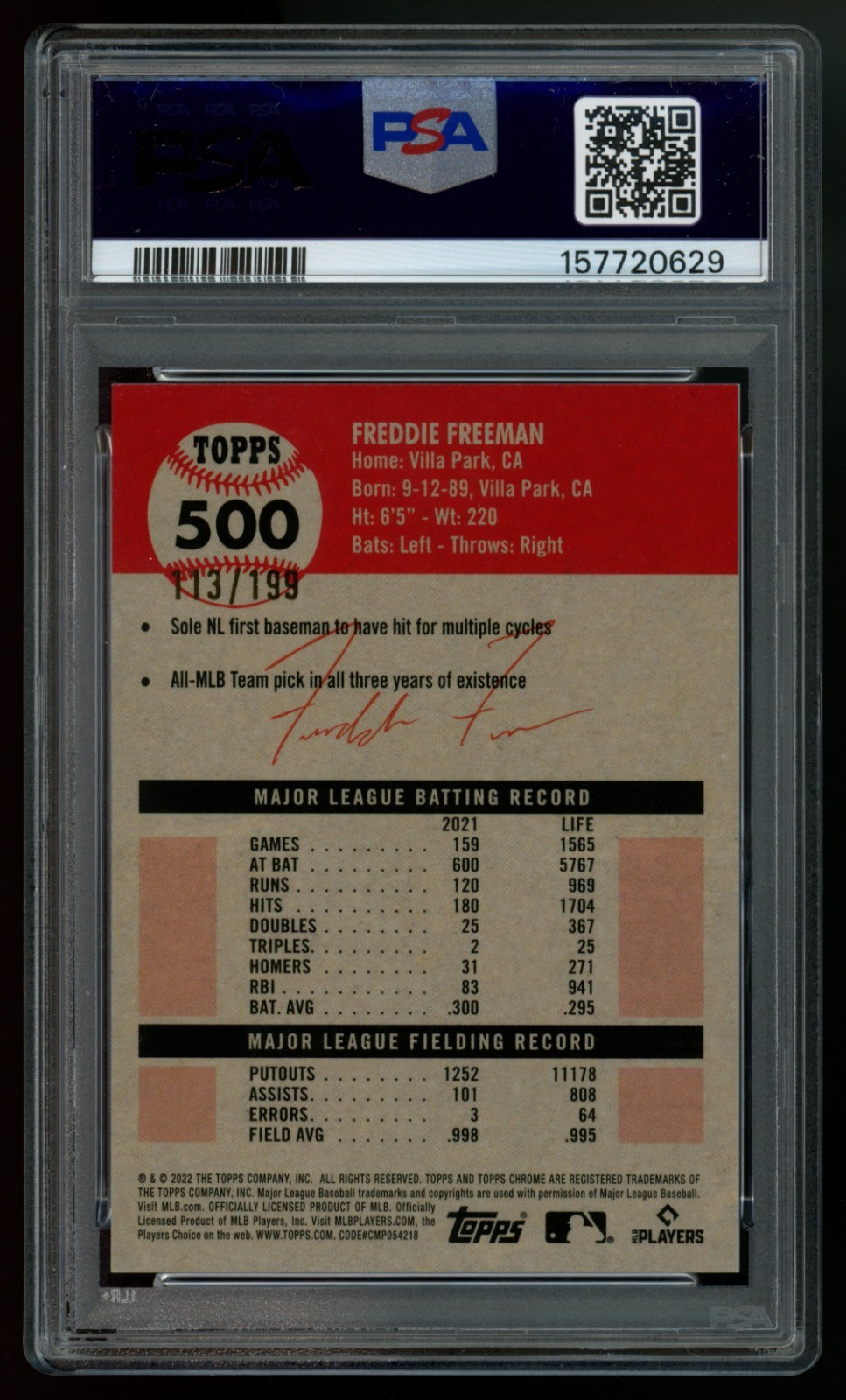 Freddie Freeman /199 2022 Platinum Anniversary Toile White/Blue Ref. #500 PSA 10 view 2