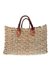Vintage French Market Basket Bag Sturdy Woven Rawhide Leather Straps Handles