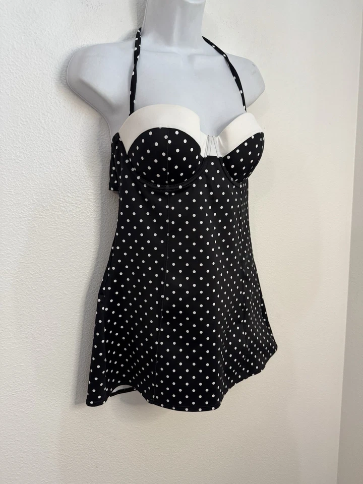SPANX Black White Polka Dot Retro Dresskini Tankini Top Underwire Size 10 Pin Up - Image 2 of 4
