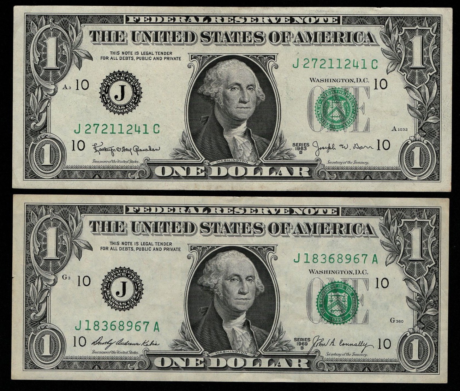 Lot of 2 1963b $1 FRN Kansas City Barr Notes Decent Condition