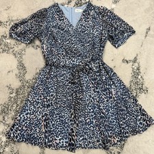 Eliza J Dress Womens 20W Plus Size Leopard Animal Print Belted Sleeve Blue Flare