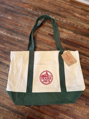 Trader Joe's Foldable Reusable Tote Bag Green Beige Cotton Polyester