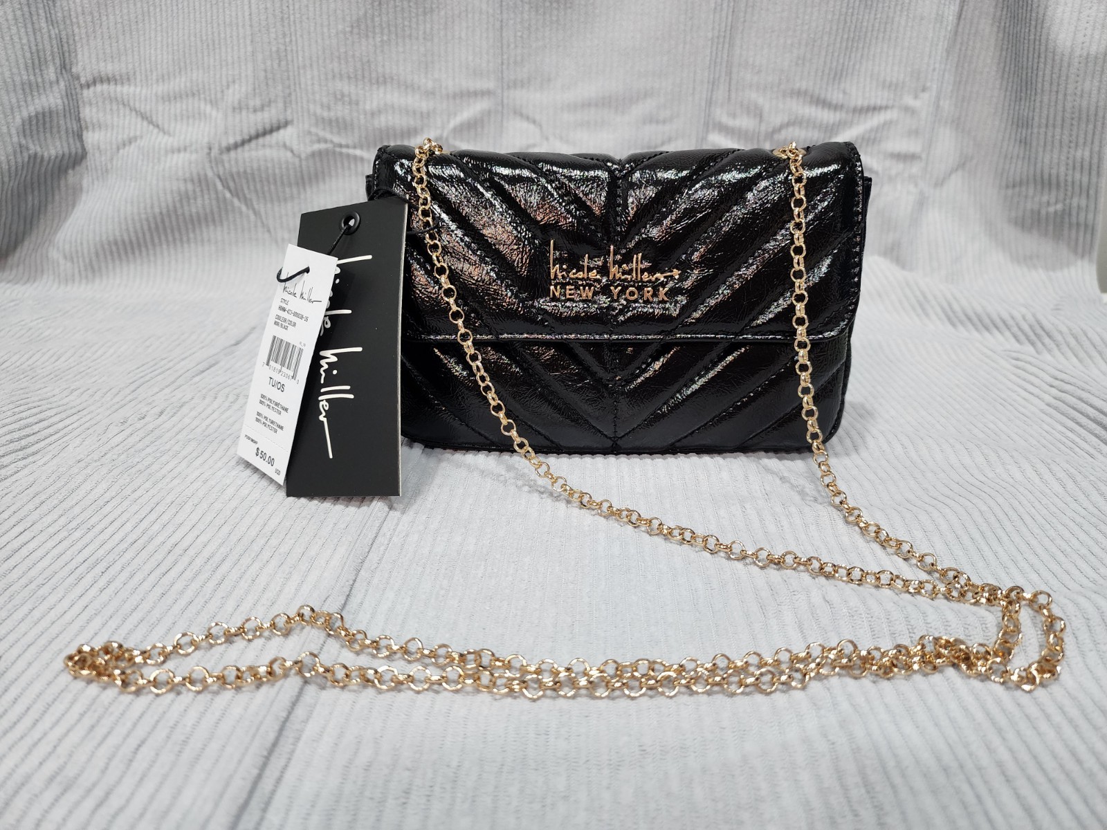 Nicole Miller Crossbody Shoulder Handbag Women's Black Patent Leather Quilted