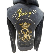 VTG "Juicy Couture" Navy Blue Velour Rhinestone Zip Up Hoodie Womens Y2K Crown S