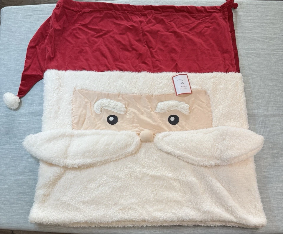 POTTERY BARN KIDS SHERPA SANTA 面部 SANTA 包,大号 33 X 40 英寸圣诞礼物袋 — 第 2/4 张图片