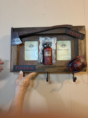 A fire-themed key rack and picture frame made of wood and resin.