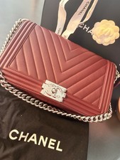 CHANEL Boy Chevron Quilted Burgundy Shoulder Bag Silver Hardware Chain Strap