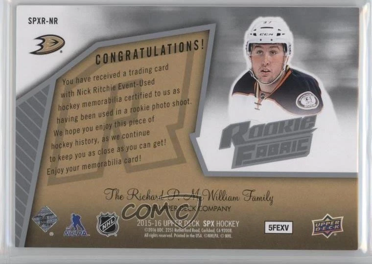 2015-16 SPx 2005-06 Retro Rookie Fabrics Nick Ritchie #SPXR-NR RC - Image 2 of 2