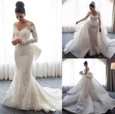 2-Pieces Luxury Mermaid Wedding Dress Detachable Train Elegant Long Sleev Bridal