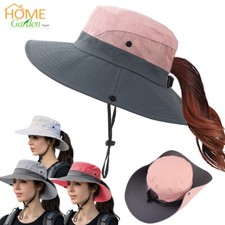 Women Ponytail Sun Hat Summer Bucket UV Protection Wide Brim Beach Fishing Cap