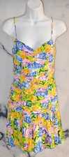 ZARA Yellow Multicolor Floral Gathered Torso Spaghetti Strap Mini Dress XS Lined