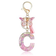 Initial Letter Keychains for Women Cute Pink Keychain with Tassel Pink C