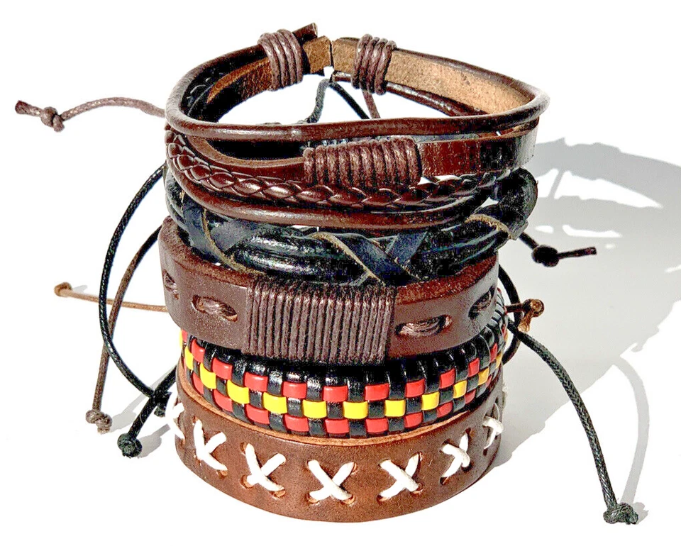 Nuevas pulseras de muñeca de cuero unisex para adultos (juego de 5) vendedor de EE. UU. Foto 2 de 4
