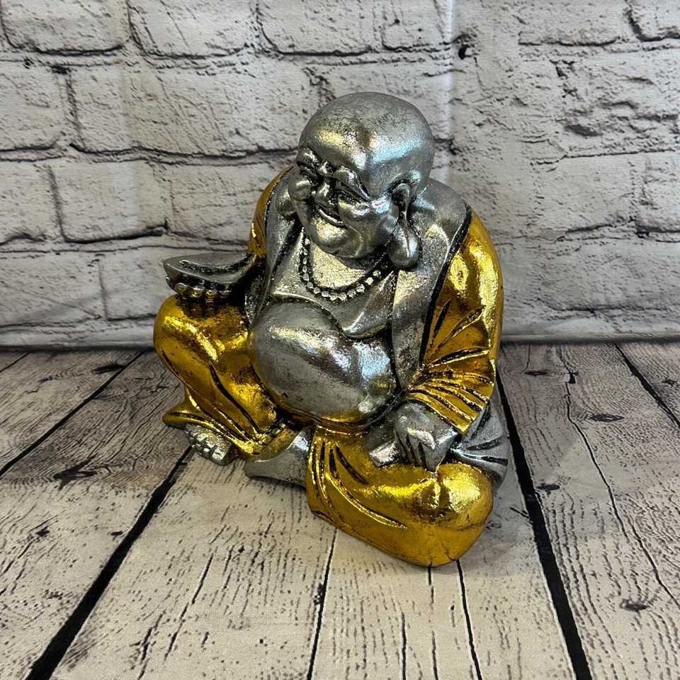 Plata y Oro 20cm x 20cm Grande Buda Chino Sentado Sobre Loto Estatua Resina Foto 2 de 4