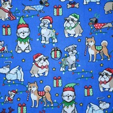 BonEFul Fabric FQ Cotton Quilt Blue Red Kid Puppy Dog Bone Santa Hat Gift Lights