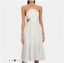 FARM Rio Flower Top Cut Out Midi Dress In Off-White Linen New