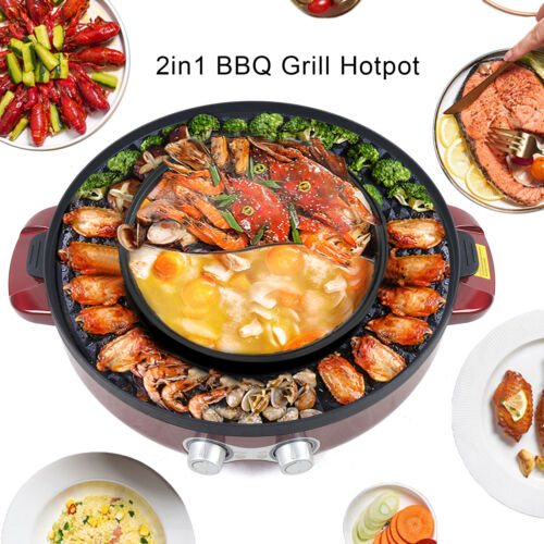 2 in 1 Electric Smokeless Grill and Hot Pot BBQ Grill Soup Shabu Pot 2200W 110V