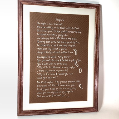 Vintage Finished Framed Cross Stitch Footprints In The Sand Poem 16x22