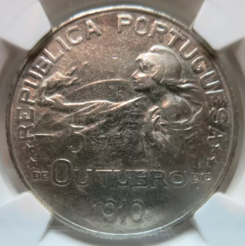 PORTUGAL 1 Escudo 1910 NGC AU 50 About UNC Birth of Republic Silver Liberty #A