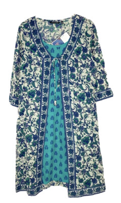 Melange Sun Layered Boho Blue Indian Paisley Women s Dress Size Medium H3
