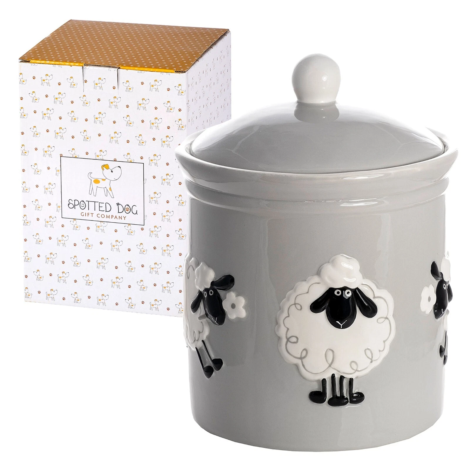 Ceramic Storage Jar + Lid Kitchen Container Cute Sheep Animal Gift 1.25L Grey