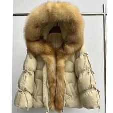 New Real Fox Fur Collar White Goose Down Thicken Warm Jacket Womens Hooded Coat