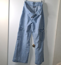 PrettyLittleThing Women's Blue Light Wash Denim Cargo Pocket Wide-Leg Jeans 8