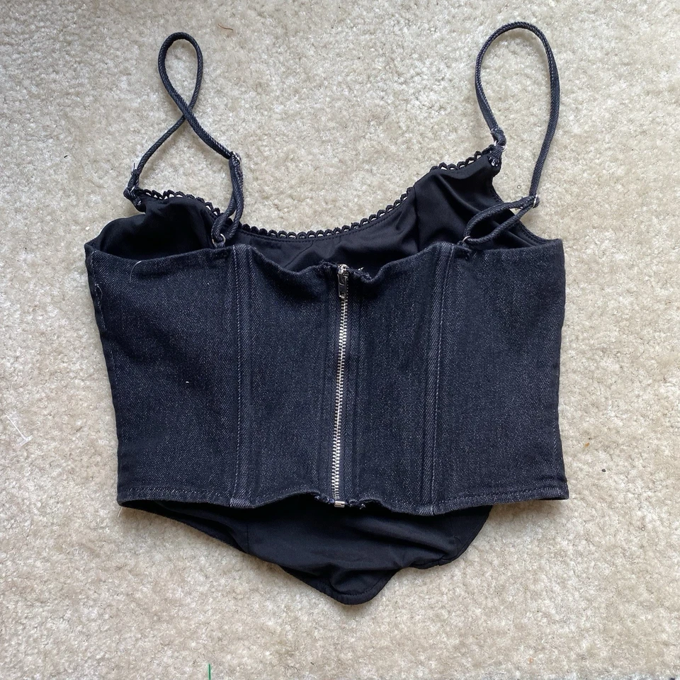 Corsé camisola bustier de mezclilla negra boutique zorro blanco talla XS 100 % algodón Foto 2 de 4