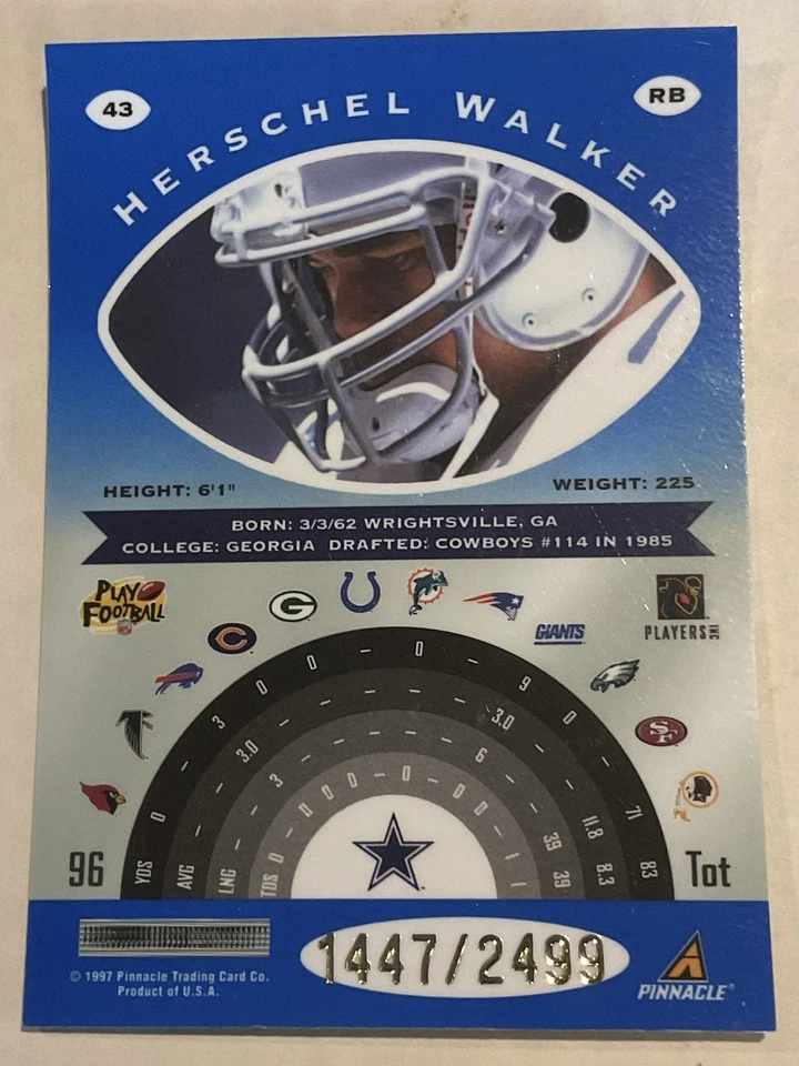 1997 Pinnacle Totally Certified Herschel Walker Platinum Blue #1447/2499 - Image 2 of 2