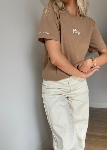 Carla Papa Womens Fawn Brown CP logo Short Sleeve Organic Tee Shirt Top Size XS
