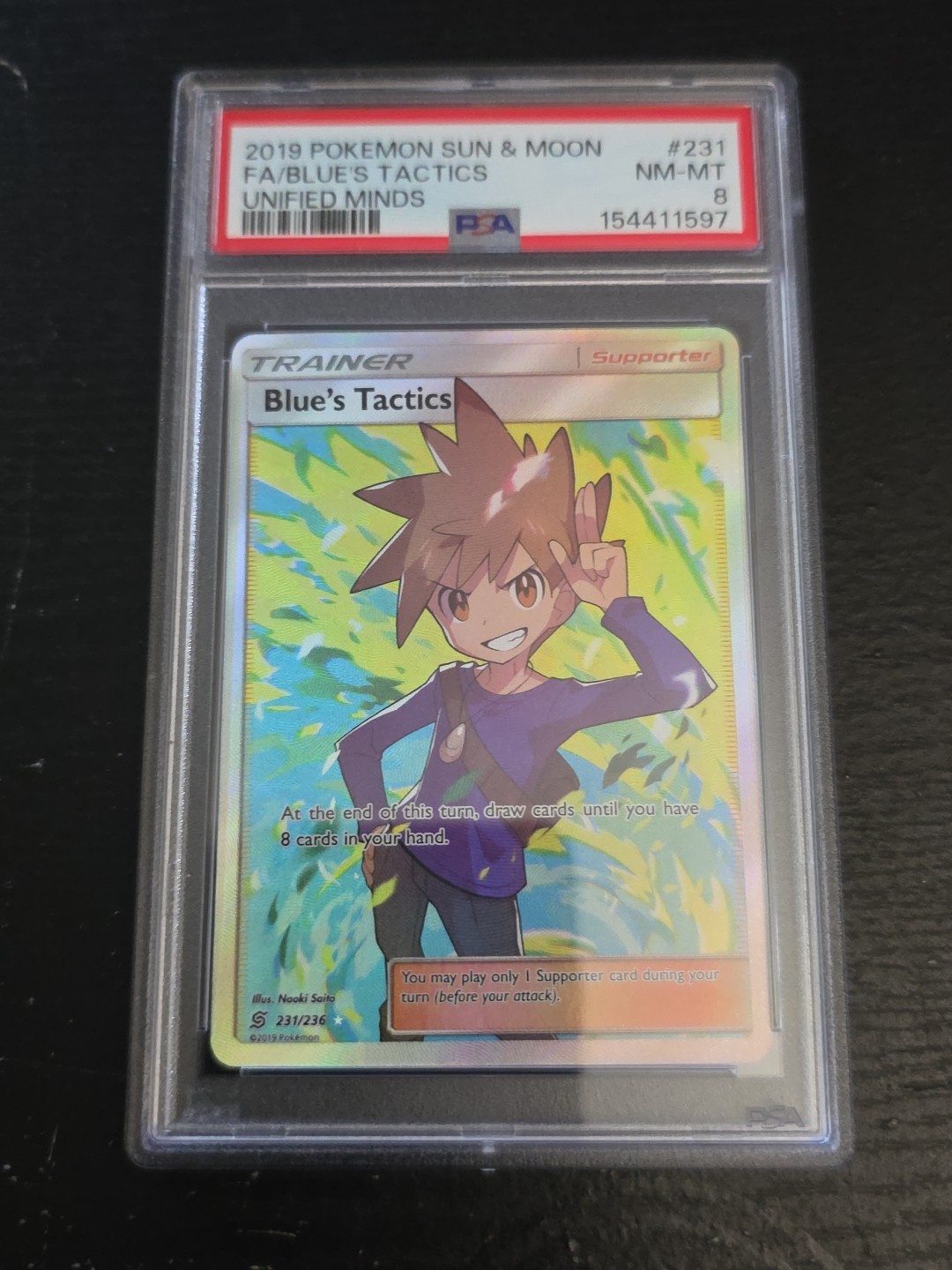 Blues Tactics 231/236 Pokemon Sun & Moon Full Art Psa 8