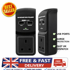 MONSTER POWER CORE 100 SURGE PROTECTOR PLUG 2 USB PORTS 13A SOCKET BLACK